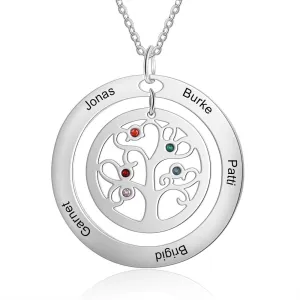 Personalized Tree of Life Necklace - Stainless Steel - Five Custom Names - Five Custom Birthstones - Customized Gifts