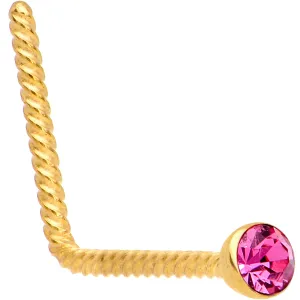 Pink 2mm Gem Inlay Gold IP So Twisted L Shaped Nose Ring