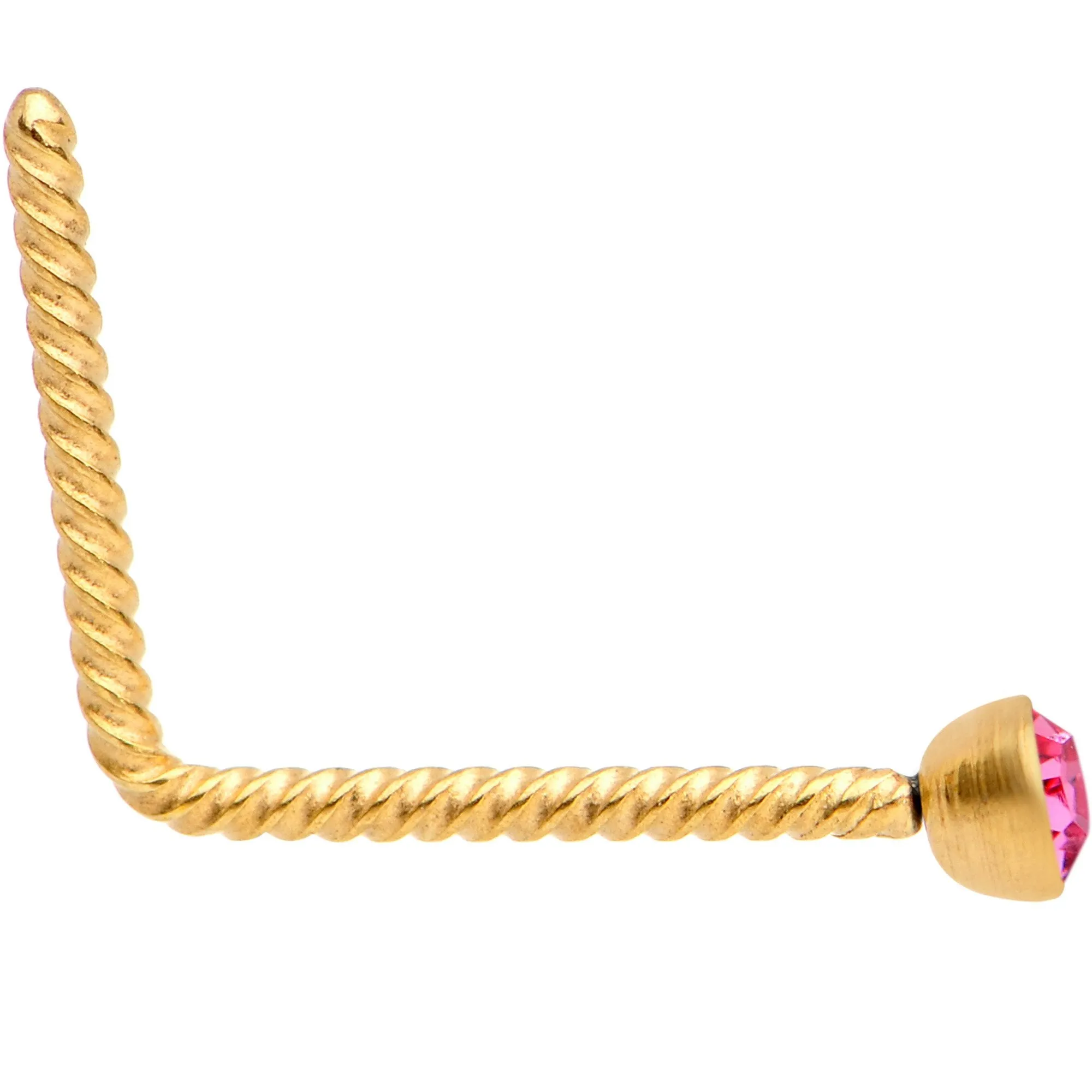 Pink 2mm Gem Inlay Gold IP So Twisted L Shaped Nose Ring