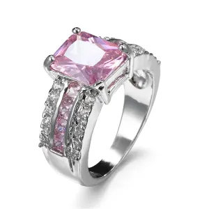 Pink Cubic Zirconia & Crystal Three-Row Radient-Cut Ring