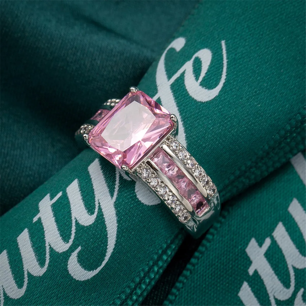Pink Cubic Zirconia & Crystal Three-Row Radient-Cut Ring