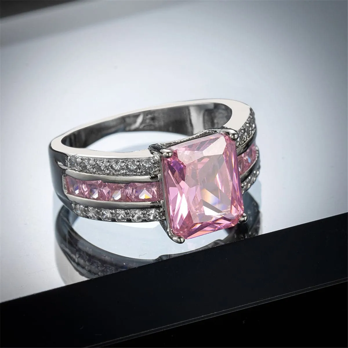 Pink Cubic Zirconia & Crystal Three-Row Radient-Cut Ring