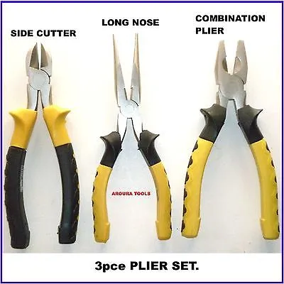 PLIERS 3 PC SET-SIDE CUTTER, LONG NOSE, COMBINATION PLIERS - BRAND NEW.