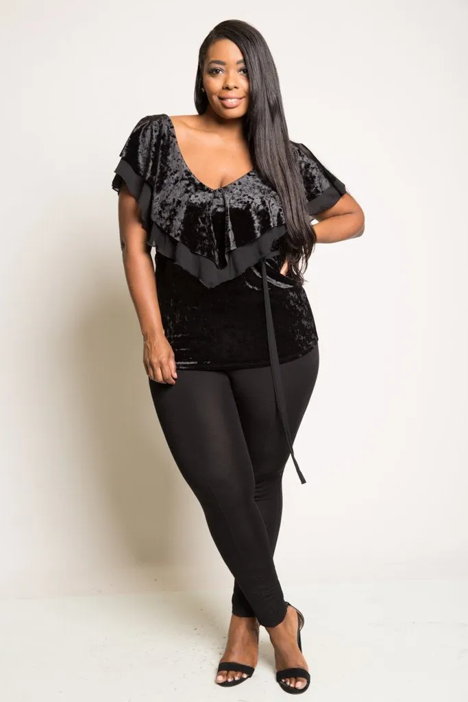 Plus Size V-neck Flounce Soft Velvet Top