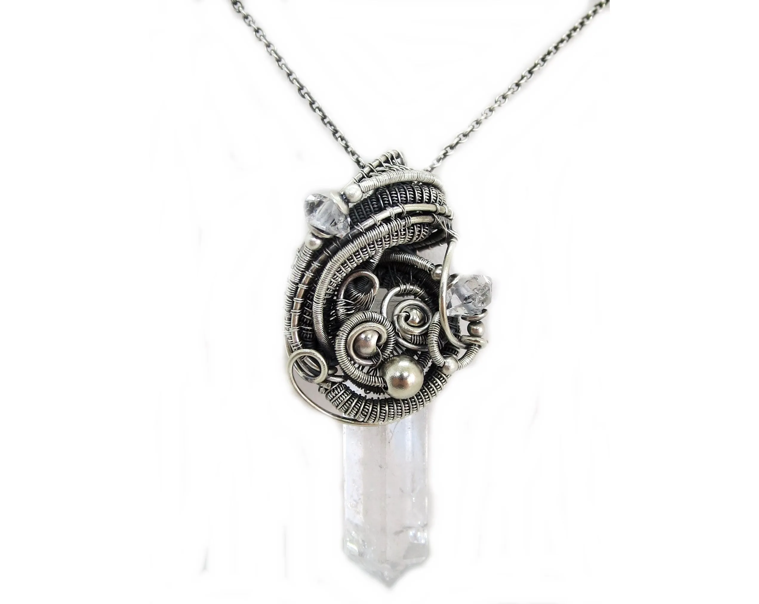 Quartz Crystal Pendant with Herkimer Diamonds in Sterling Silver