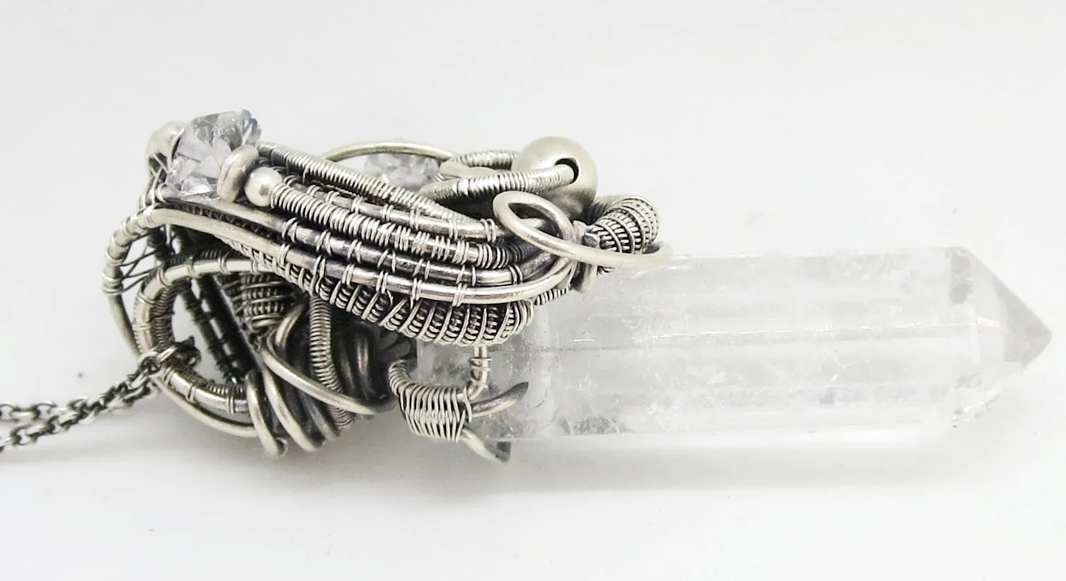 Quartz Crystal Pendant with Herkimer Diamonds in Sterling Silver