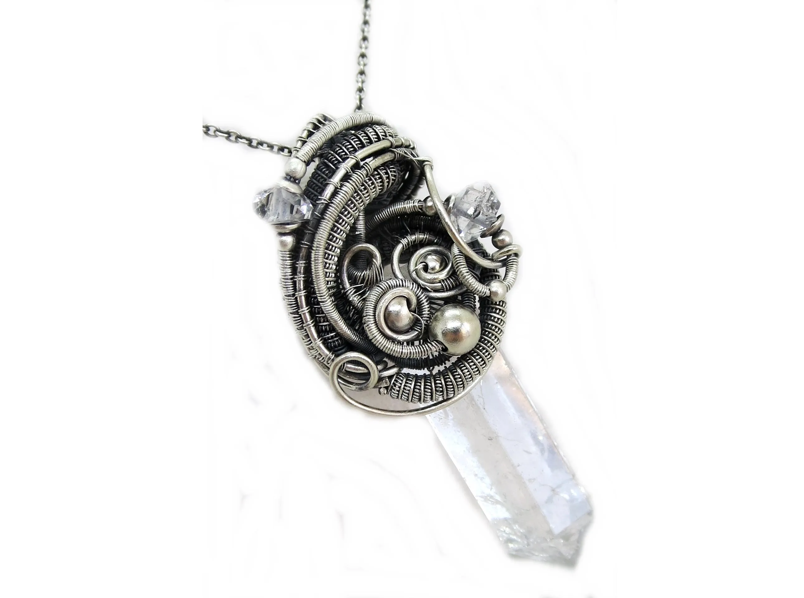 Quartz Crystal Pendant with Herkimer Diamonds in Sterling Silver