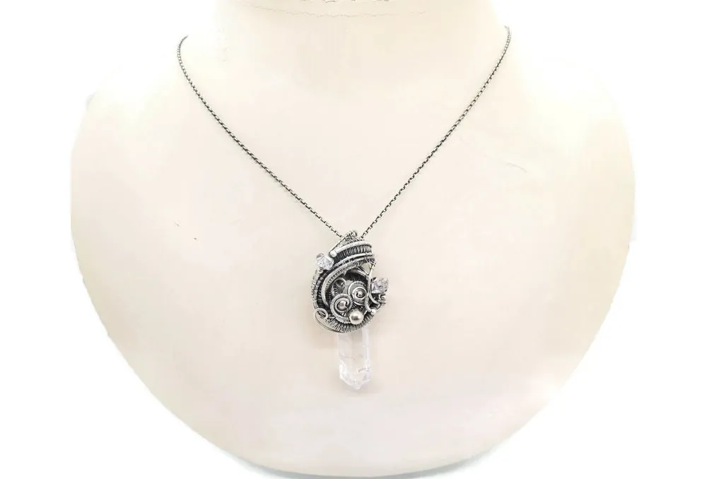 Quartz Crystal Pendant with Herkimer Diamonds in Sterling Silver