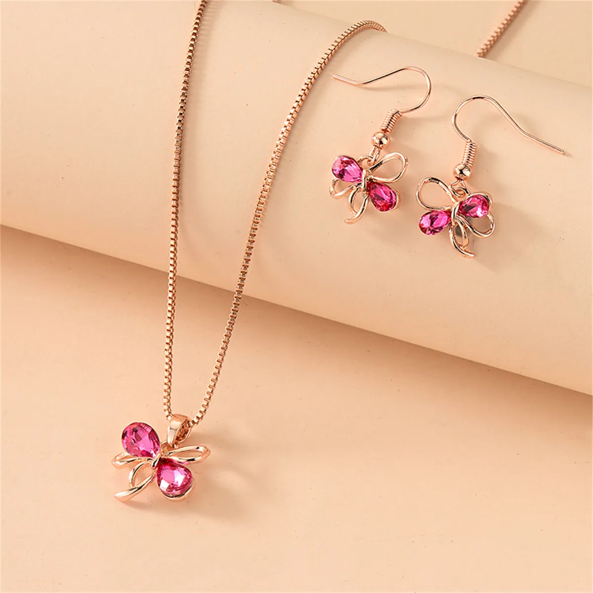 Red Crystal & 18K Rose Gold-Plated Bow Drop Earrings & Pendant Necklace