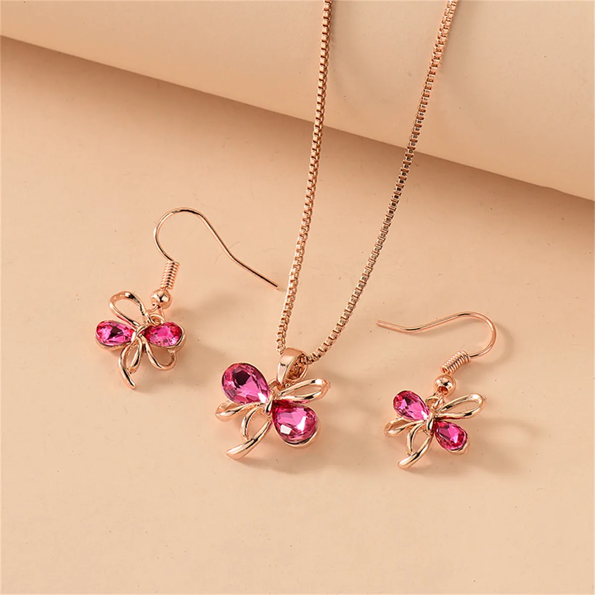 Red Crystal & 18K Rose Gold-Plated Bow Drop Earrings & Pendant Necklace