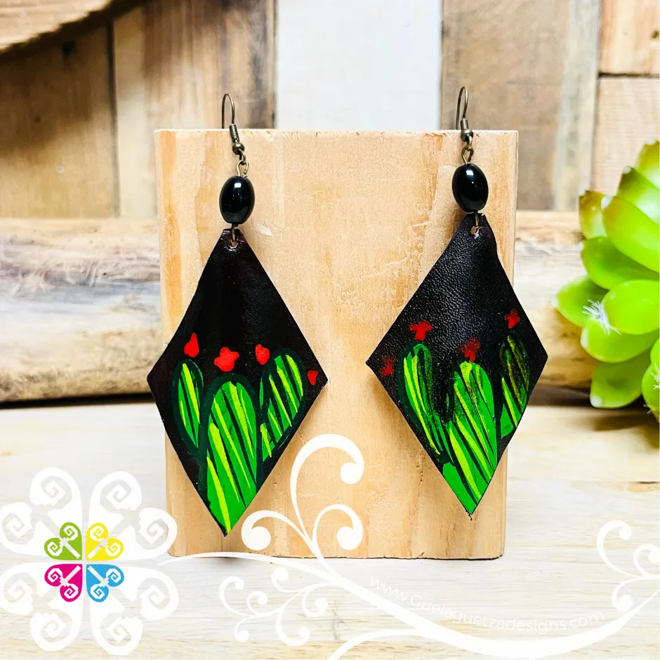 Rhombus Hand Painted - Artisan Leather Earrings