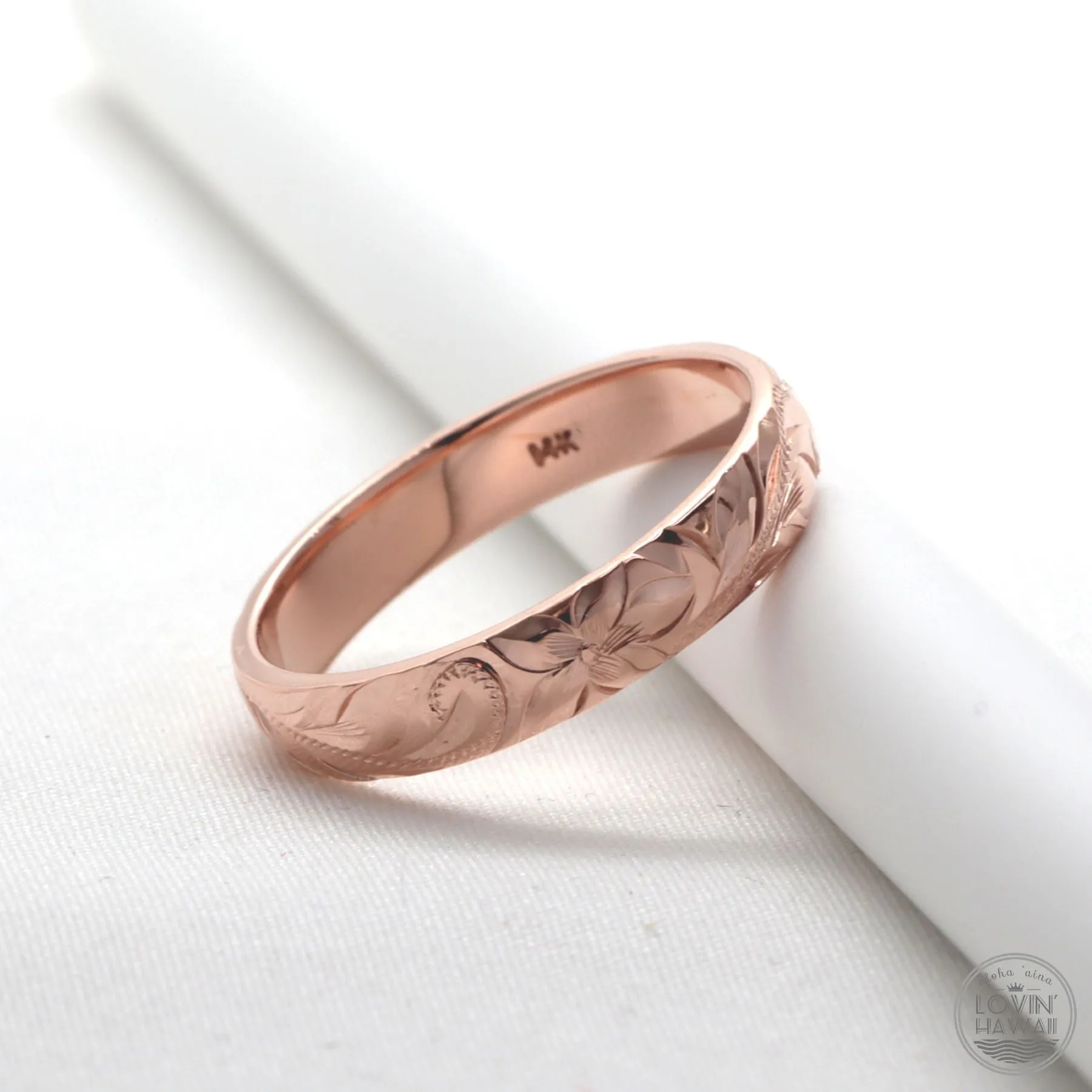 Rose Gold Wedding Band for Womens, Hand Engraved Design (4mm Dome Style)