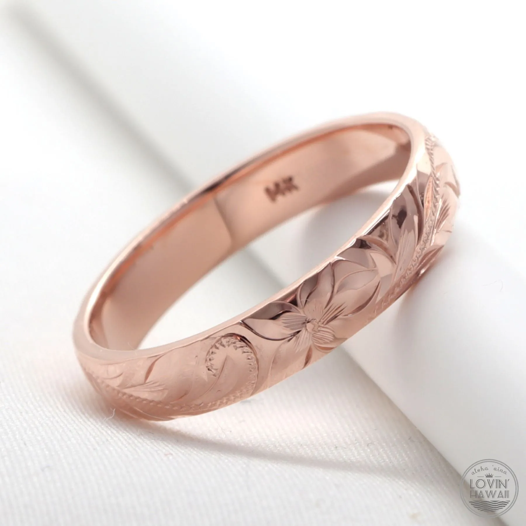 Rose Gold Wedding Band for Womens, Hand Engraved Design (4mm Dome Style)