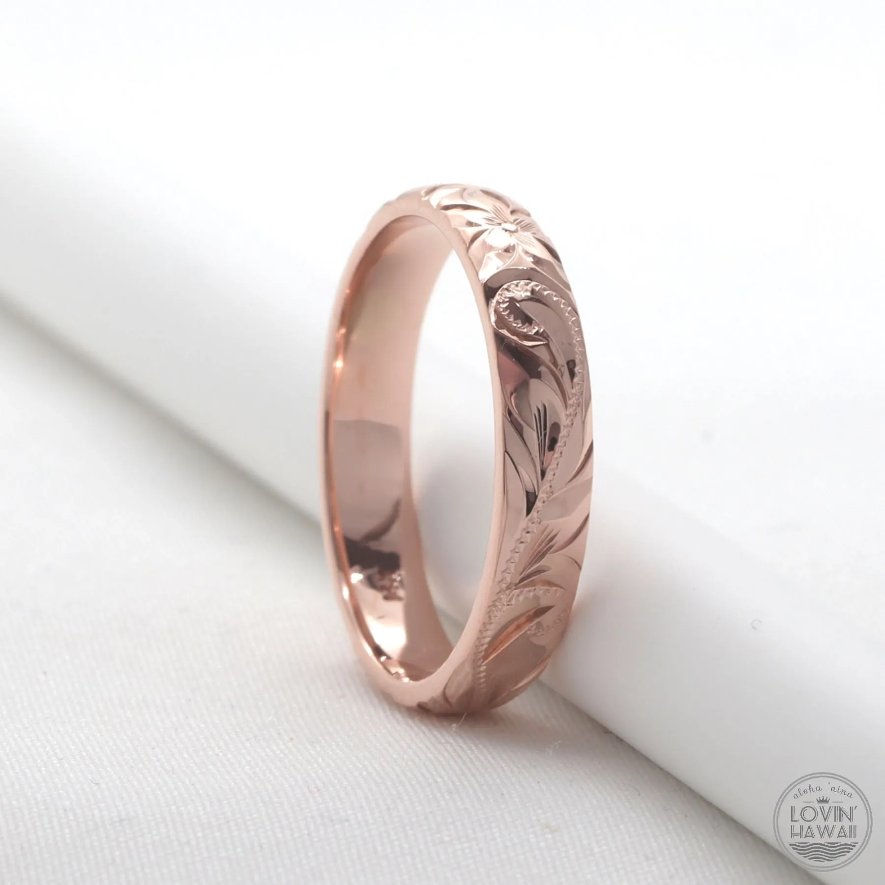 Rose Gold Wedding Band for Womens, Hand Engraved Design (4mm Dome Style)