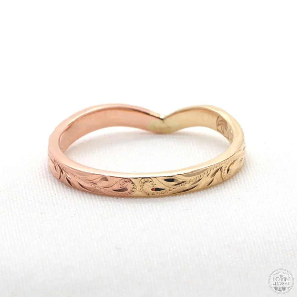 Rose Gold Wishbone Ring with Hand Engraved Hawaiian Heritage Design  (3mm Width)