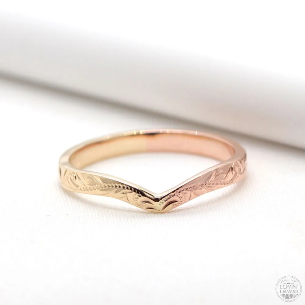 Rose Gold Wishbone Ring with Hand Engraved Hawaiian Heritage Design  (3mm Width)