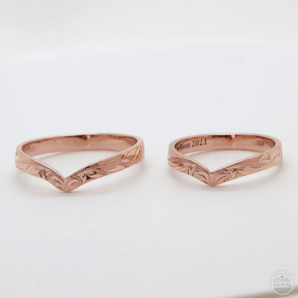 Rose Gold Wishbone Ring with Hand Engraved Hawaiian Heritage Design  (3mm Width)