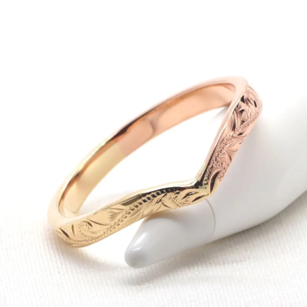 Rose Gold Wishbone Ring with Hand Engraved Hawaiian Heritage Design  (3mm Width)
