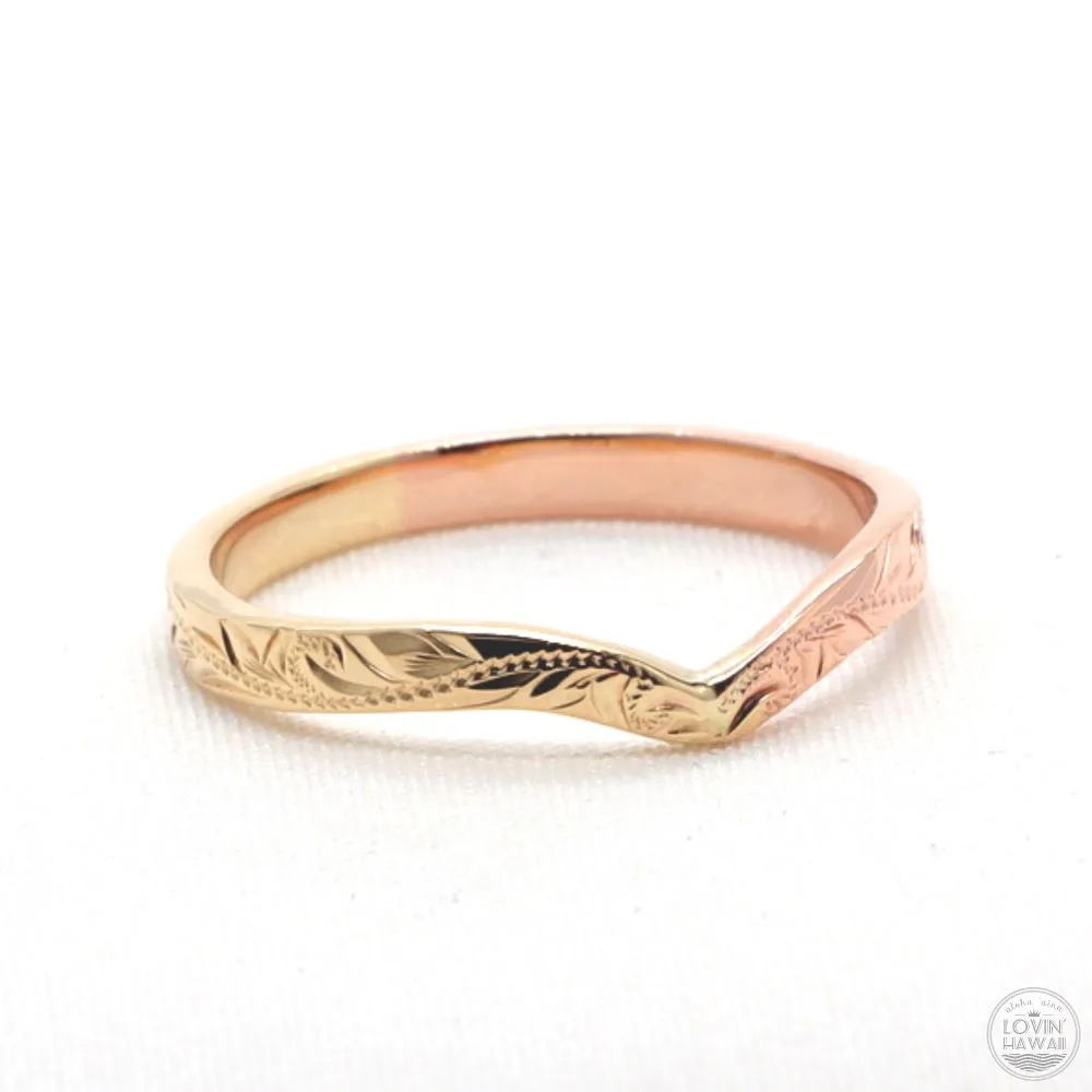 Rose Gold Wishbone Ring with Hand Engraved Hawaiian Heritage Design  (3mm Width)