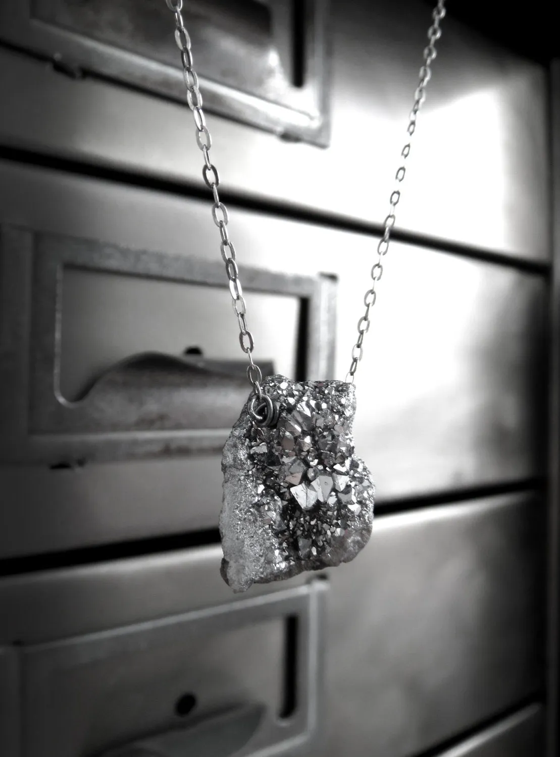 Rough Cut Druzy Necklace with Oxidized Sterling Silver