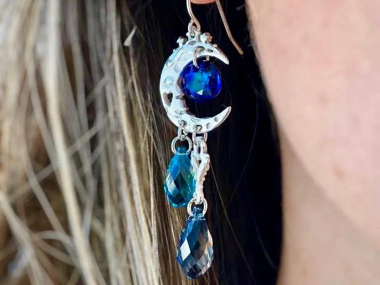Silver Crystal Dangle Earrings, Blue Moon