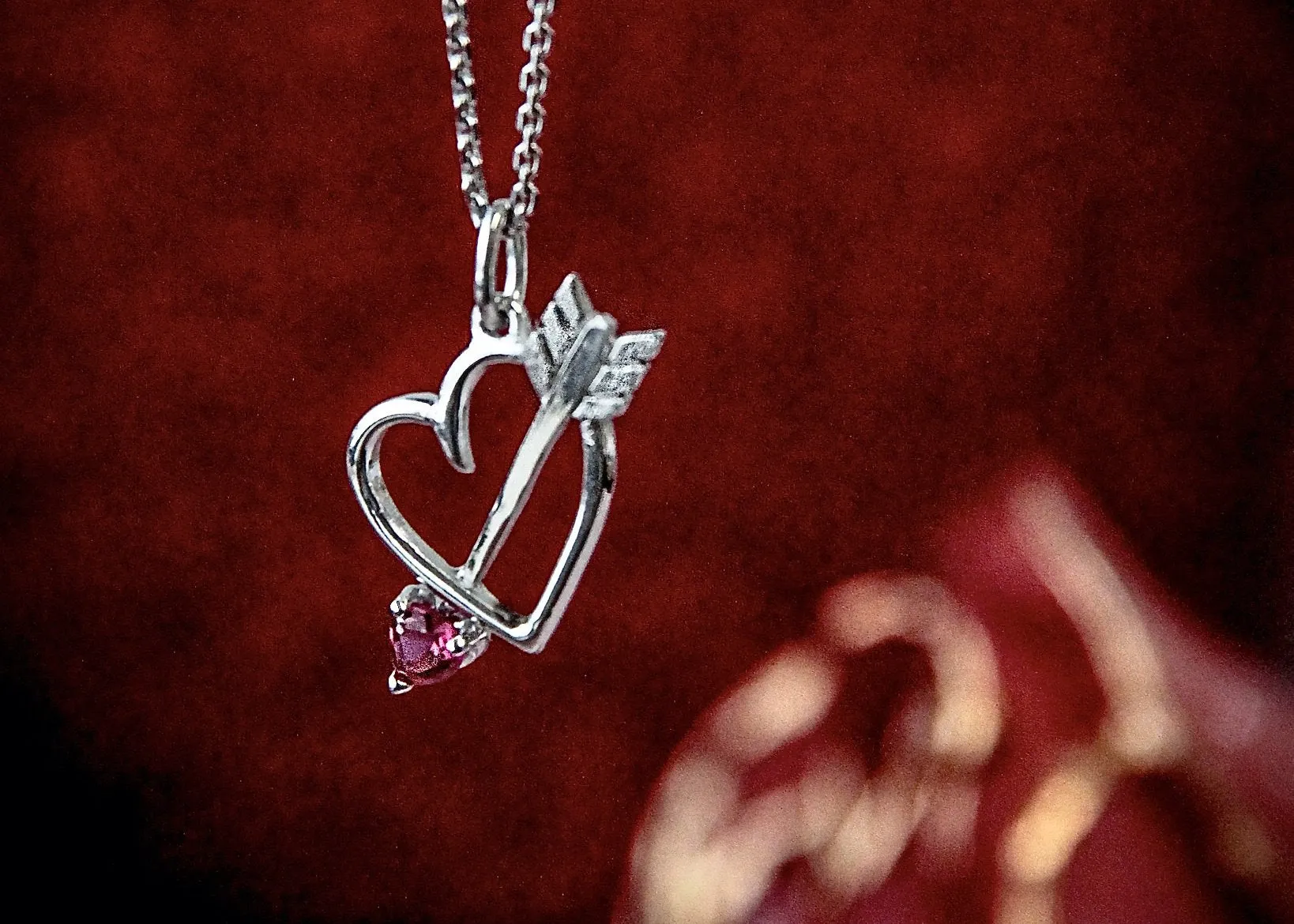 Silver Heart Gemstone Necklace, Bejeweled Heart & Arrow