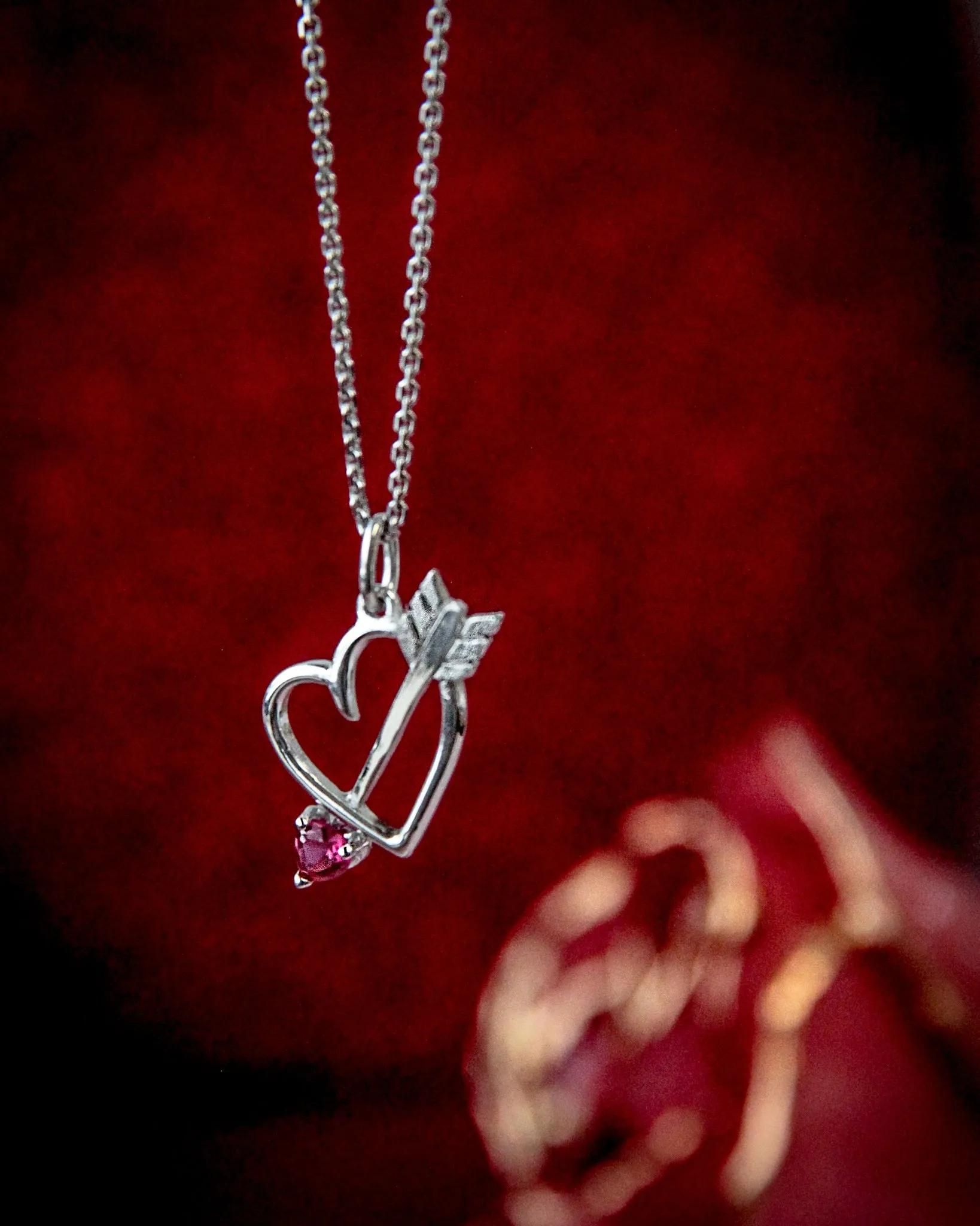 Silver Heart Gemstone Necklace, Bejeweled Heart & Arrow