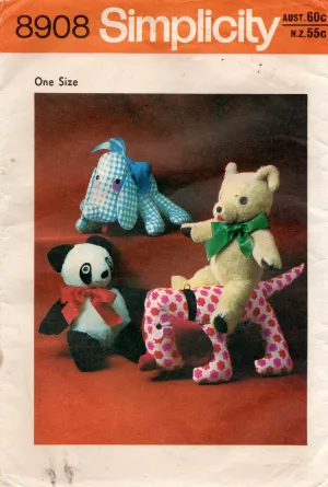 Simplicity 8908 RETRO Stuffed Soft Toys Panda Teddy Bear & Puppy Dog 1970s Vintage Sewing Pattern