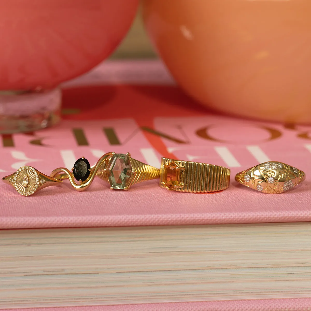 Solid Gold White Topaz Etched Signet Pinky Ring