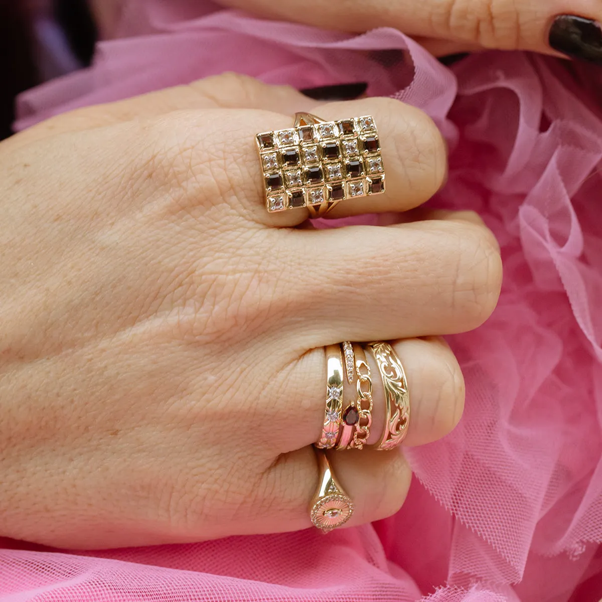 Solid Gold White Topaz Etched Signet Pinky Ring