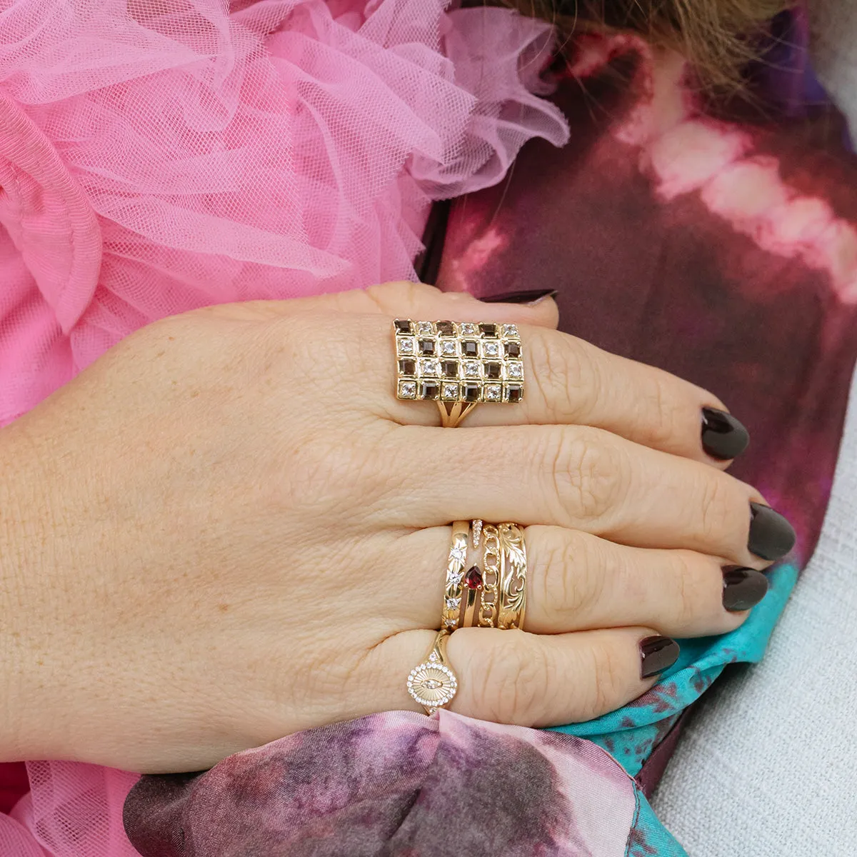 Solid Gold White Topaz Etched Signet Pinky Ring
