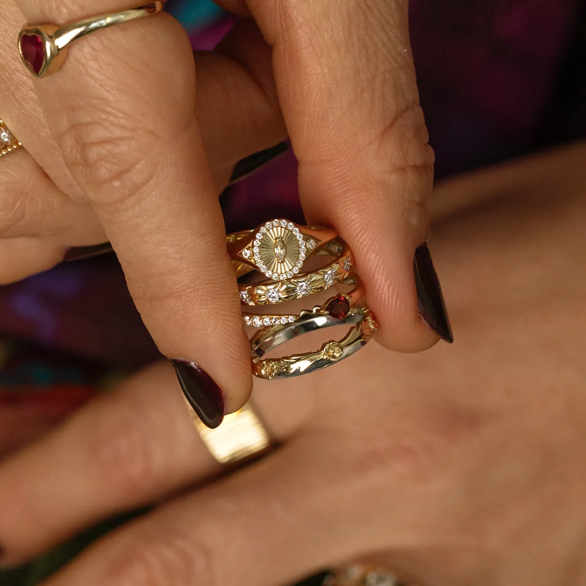 Solid Gold White Topaz Etched Signet Pinky Ring