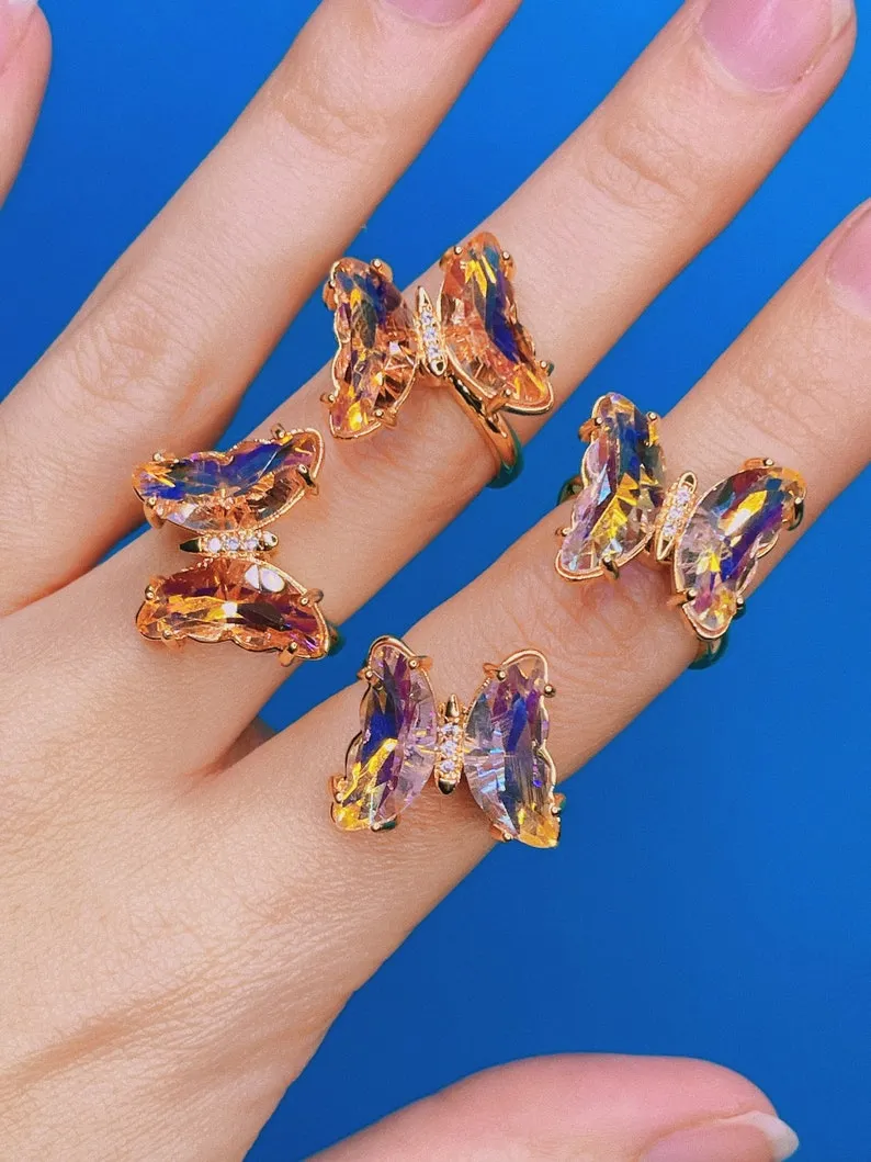Spinning Crystal Glass Butterfly Ring