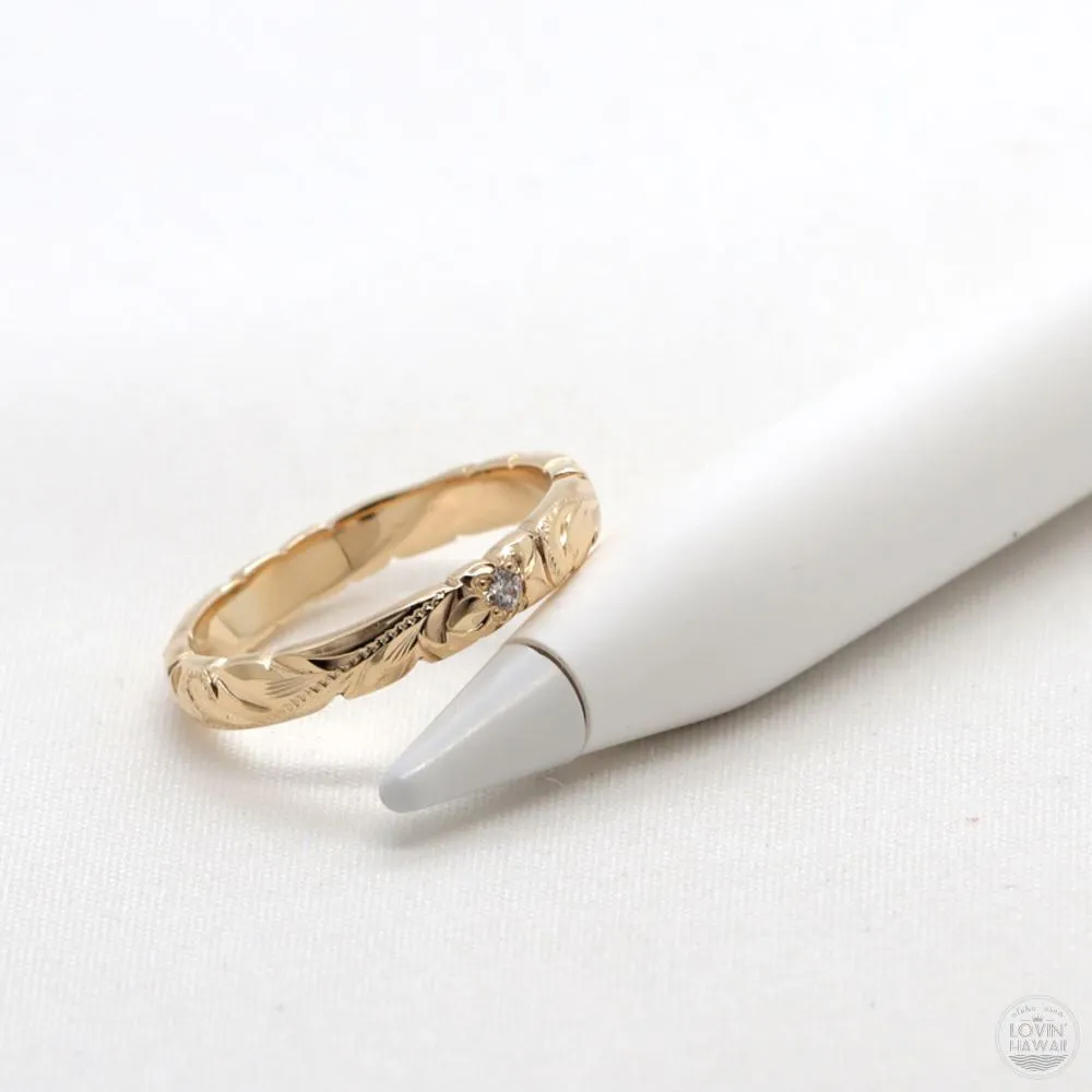 Stackable Gold Rings 14k With Diamond, Engraved With Hawaiian Heritage Design, (3MM WIDTH)