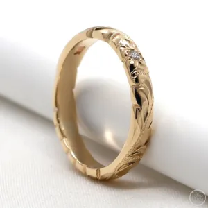 Stackable Gold Rings 14k With Diamond, Engraved With Hawaiian Heritage Design, (3MM WIDTH)