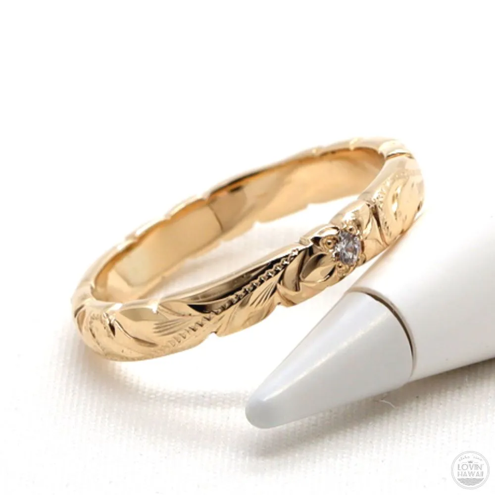 Stackable Gold Rings 14k With Diamond, Engraved With Hawaiian Heritage Design, (3MM WIDTH)