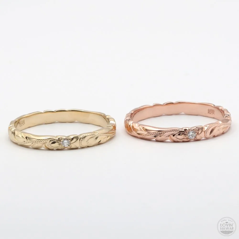 Stackable Gold Rings 14k With Diamond, Engraved With Hawaiian Heritage Design, (3MM WIDTH)