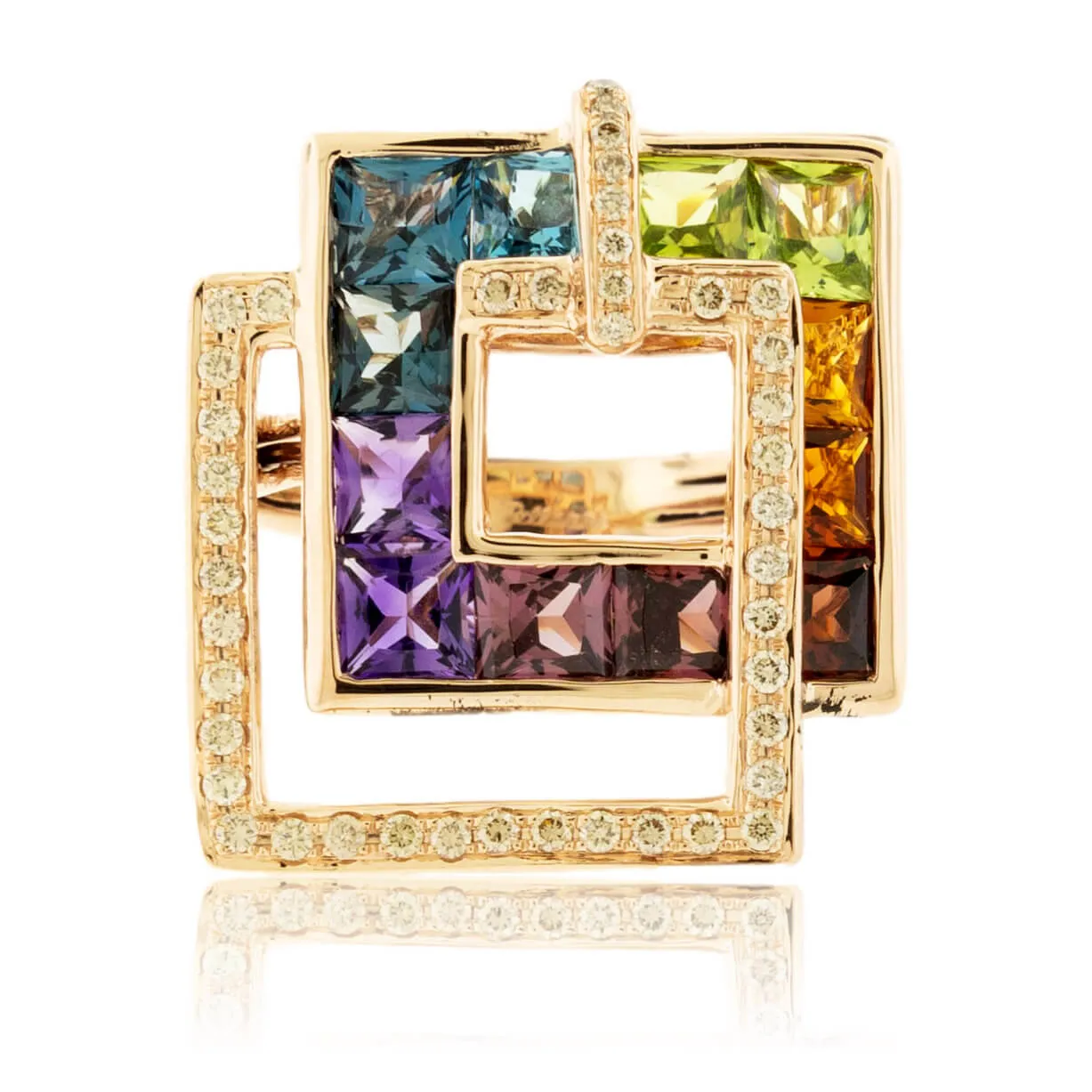 Step Cut Mixed Gemstone Rainbow Double Square Ring