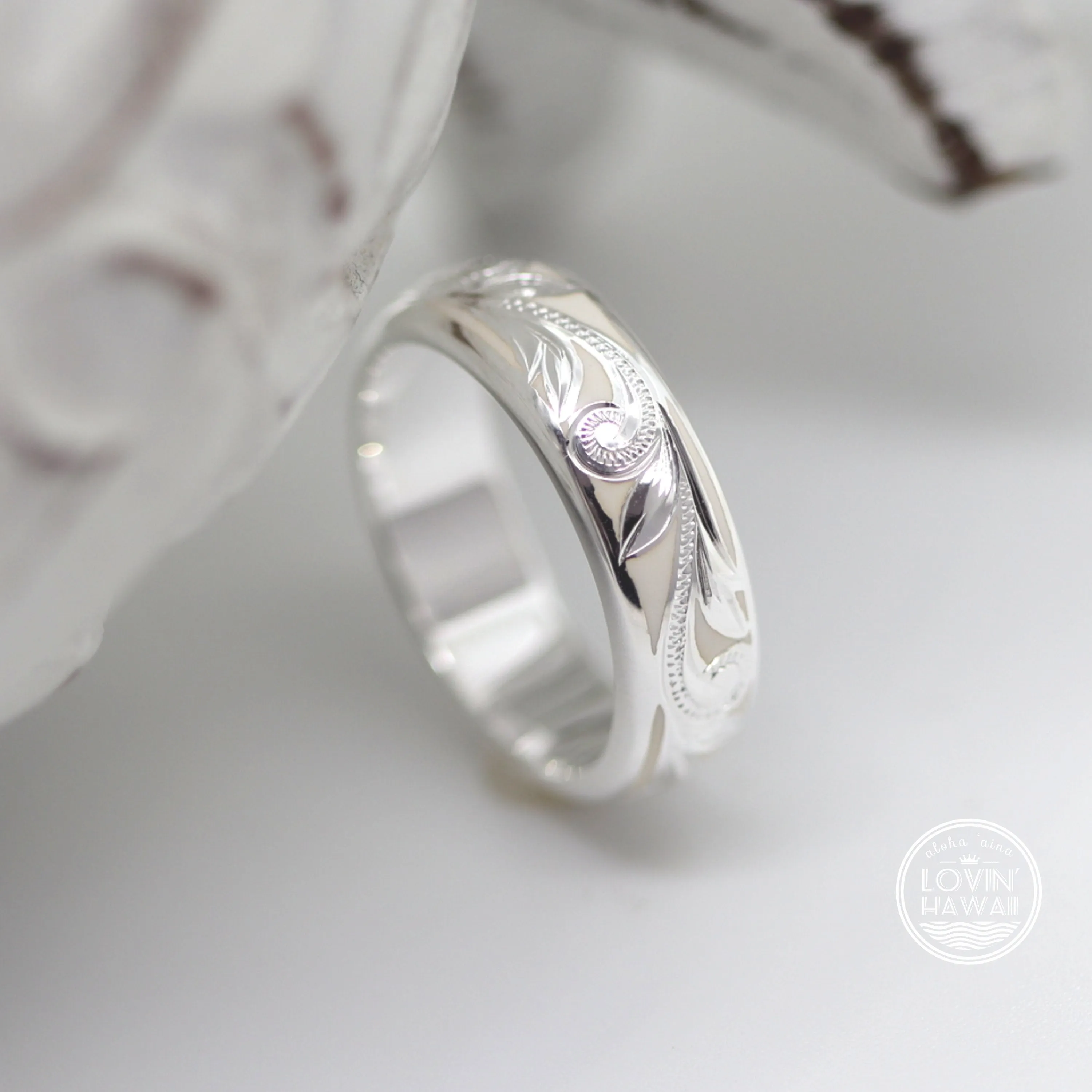 Sterling silver Hawaii Wedding Band, Engraved with Hawaiian Heritage Design (4mm or 6mm width)