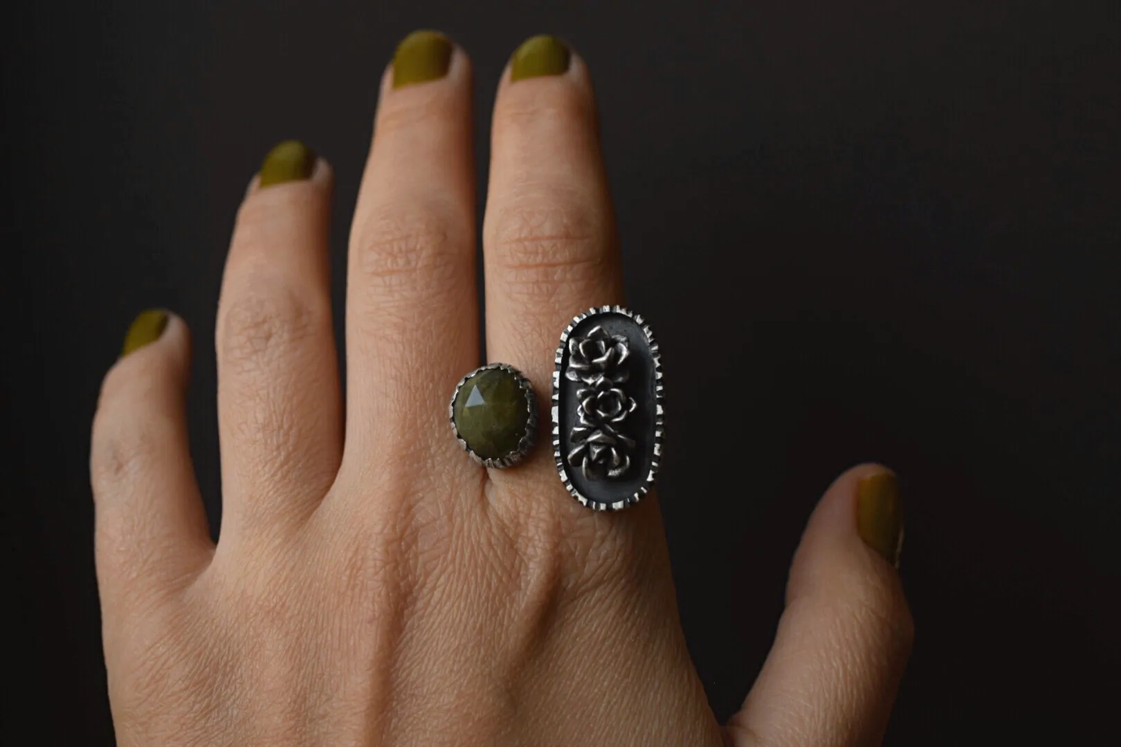 Succulent Triplet & Vesuvianite Open Shank Ring