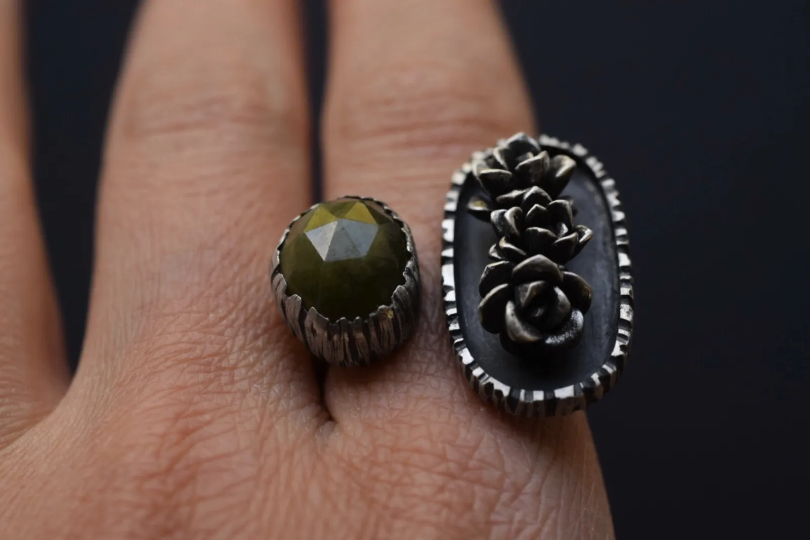Succulent Triplet & Vesuvianite Open Shank Ring