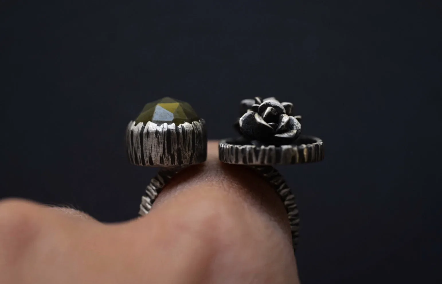 Succulent Triplet & Vesuvianite Open Shank Ring