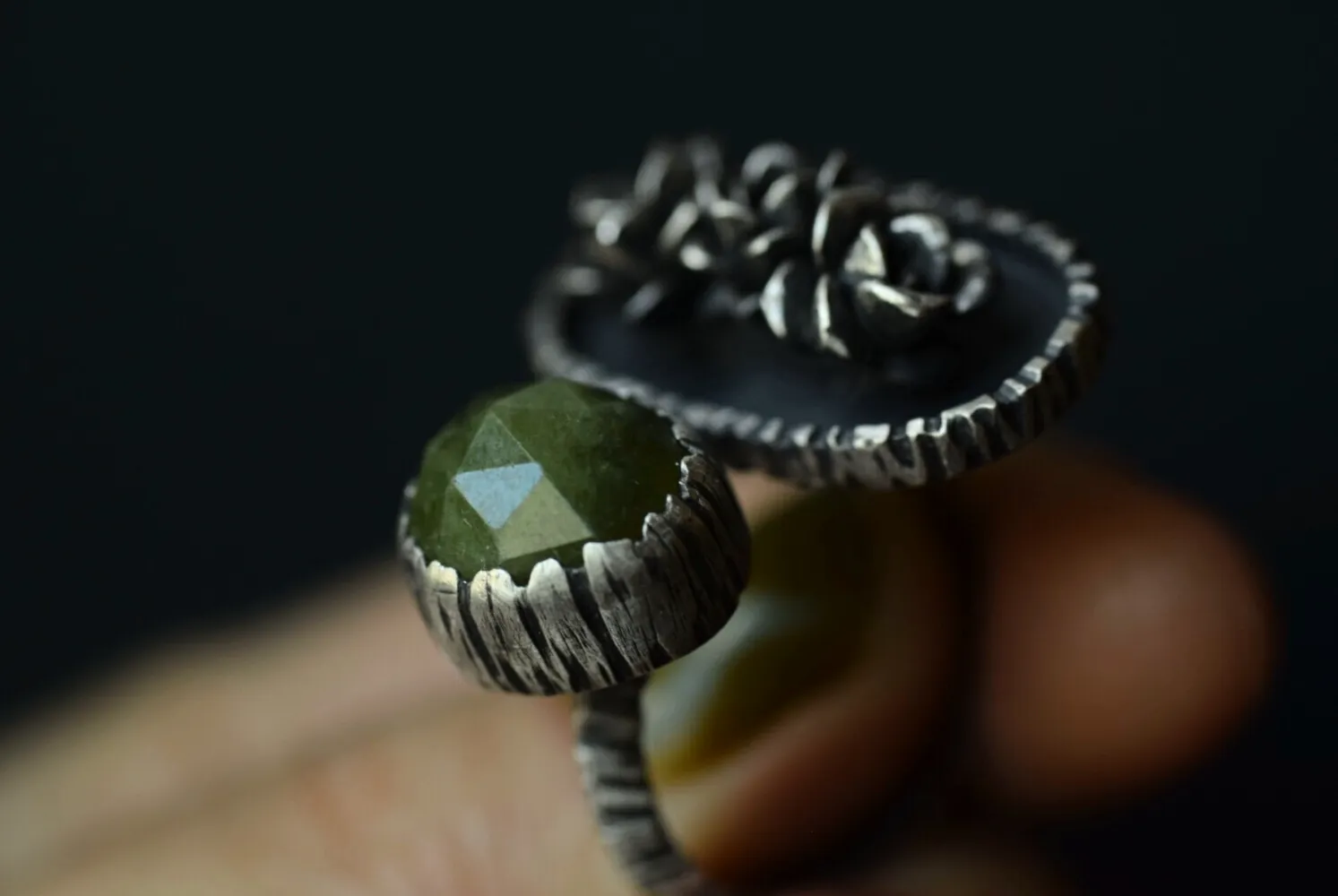 Succulent Triplet & Vesuvianite Open Shank Ring