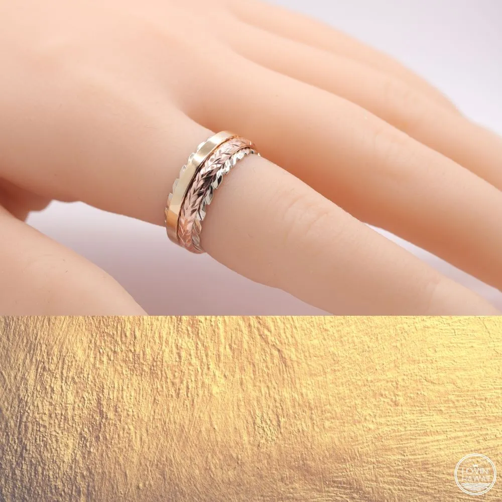 Tri Color Gold Band, Hand Engraved Maile Leaves Design(8mm Width)