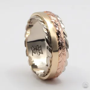 Tri Color Gold Band, Hand Engraved Maile Leaves Design(8mm Width)