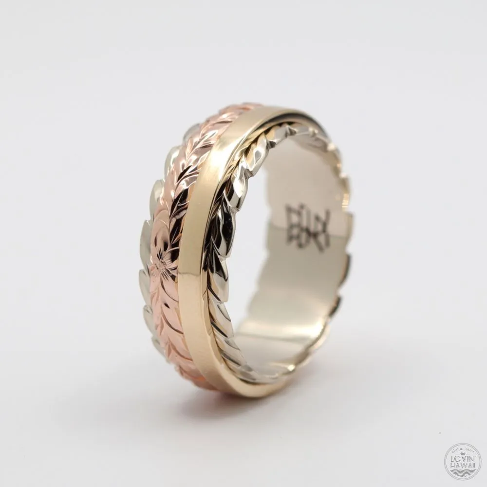 Tri Color Gold Band, Hand Engraved Maile Leaves Design(8mm Width)