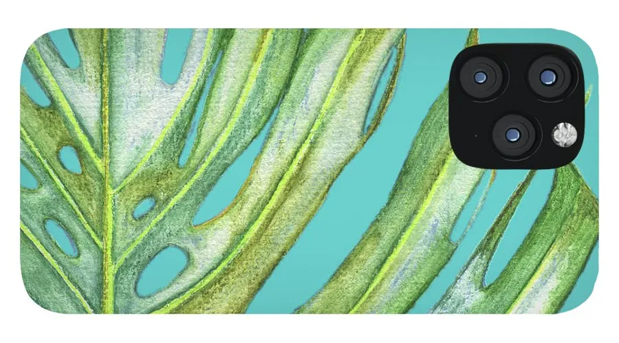 Tropical Monstera Leaf with Aqua Background - Phone Case