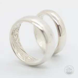 Unique Hawaii Wedding Ring Set, Hand Engraved with Hawaiian Heritage Design (6mm & 4mm width)