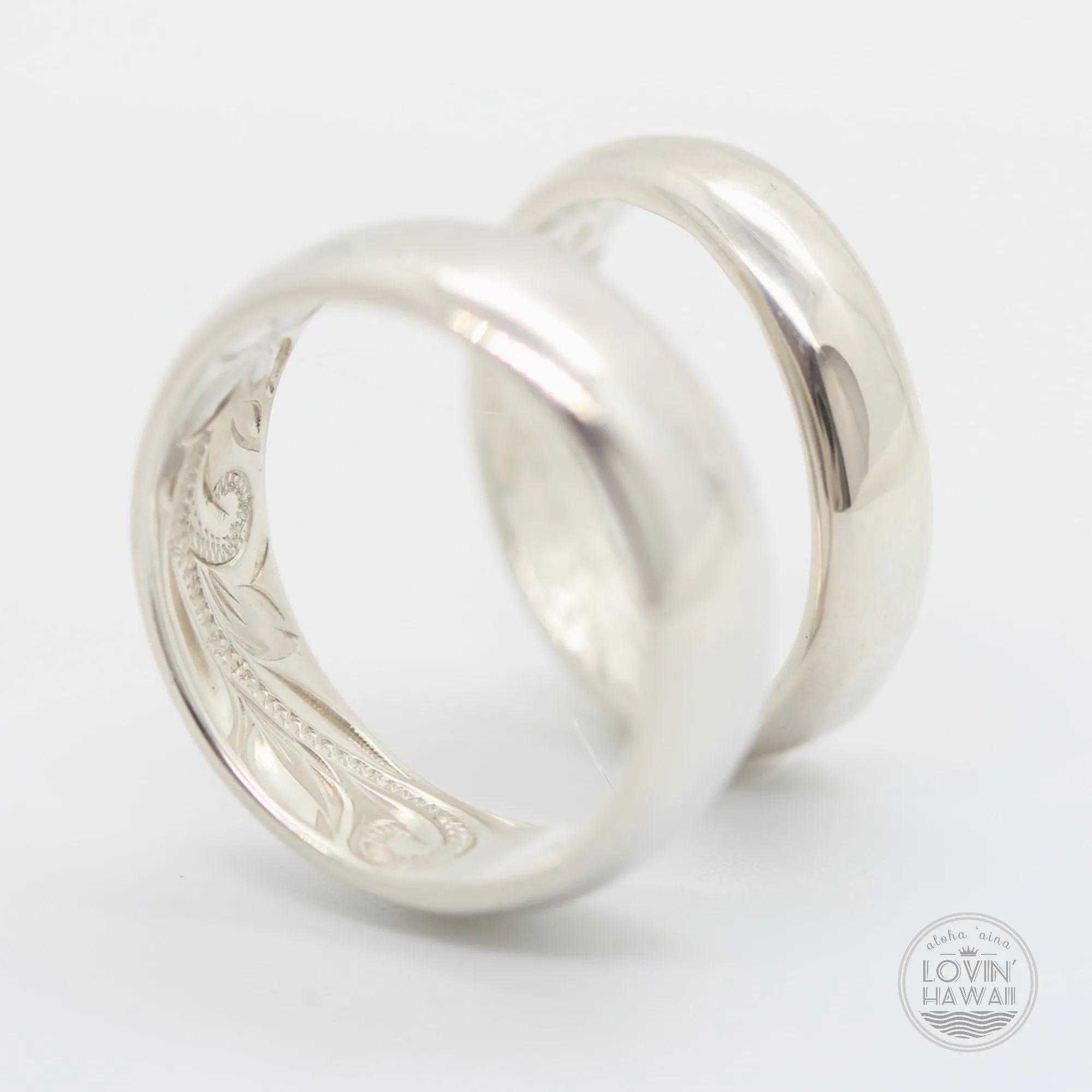 Unique Hawaii Wedding Ring Set, Hand Engraved with Hawaiian Heritage Design (6mm & 4mm width)