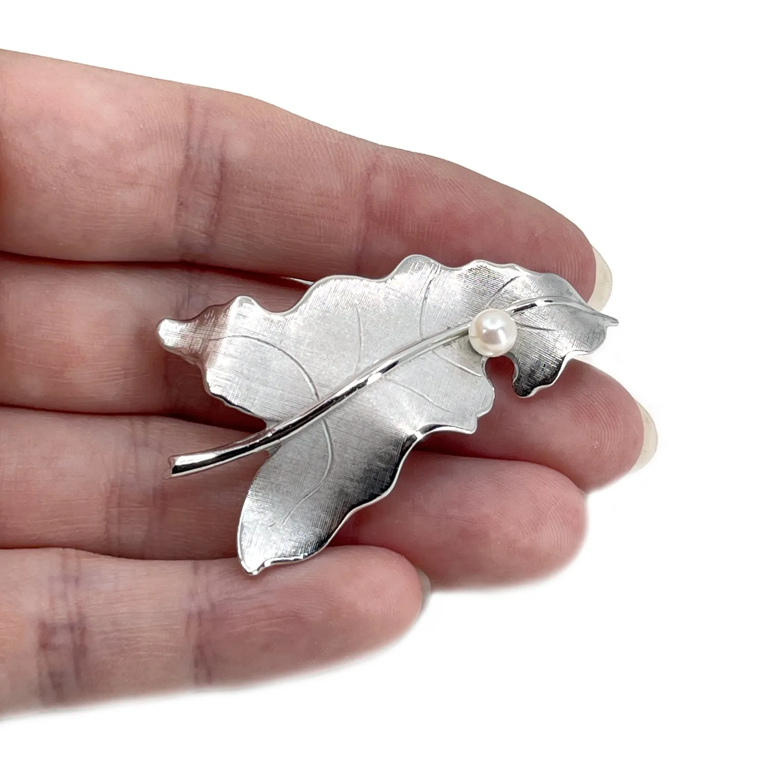 Vintage Harry S. Bick Japanese Saltwater Cultured Akoya Pearl Leaf Brooch- Sterling Silver